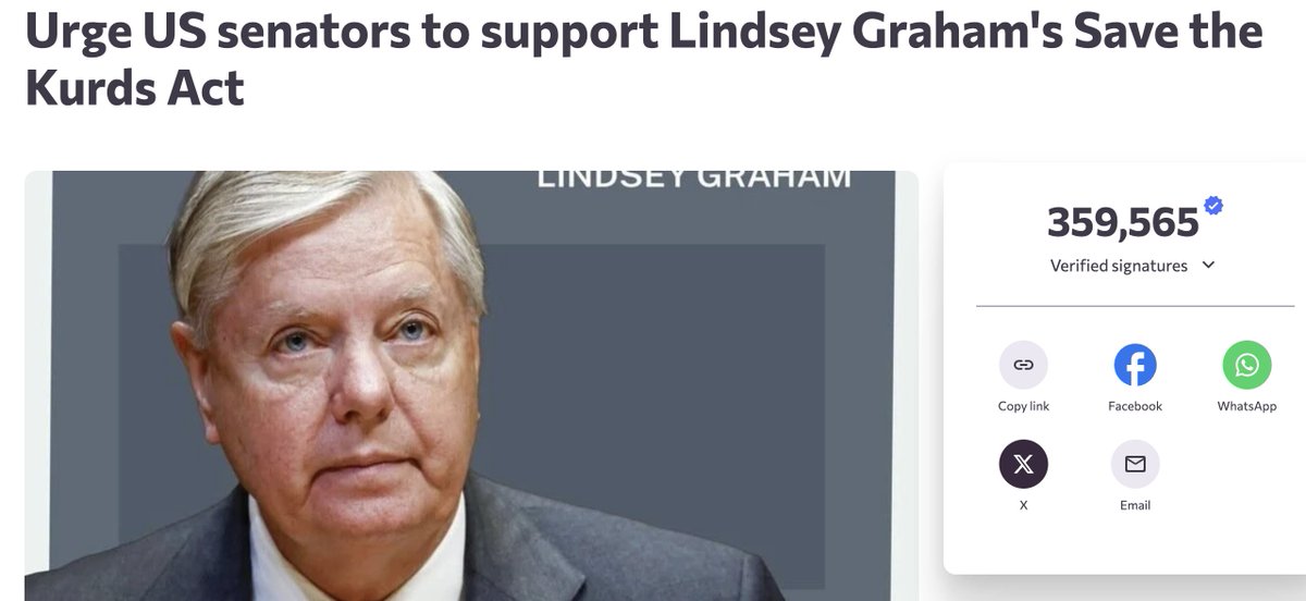 The Kurdish petition urging U.S. senators to support <a href="/LindseyGrahamSC/">Lindsey Graham</a>'s  Save the Kurds Act so far has collected 359,565 signatures 
change.org/p/urge-us-sena…