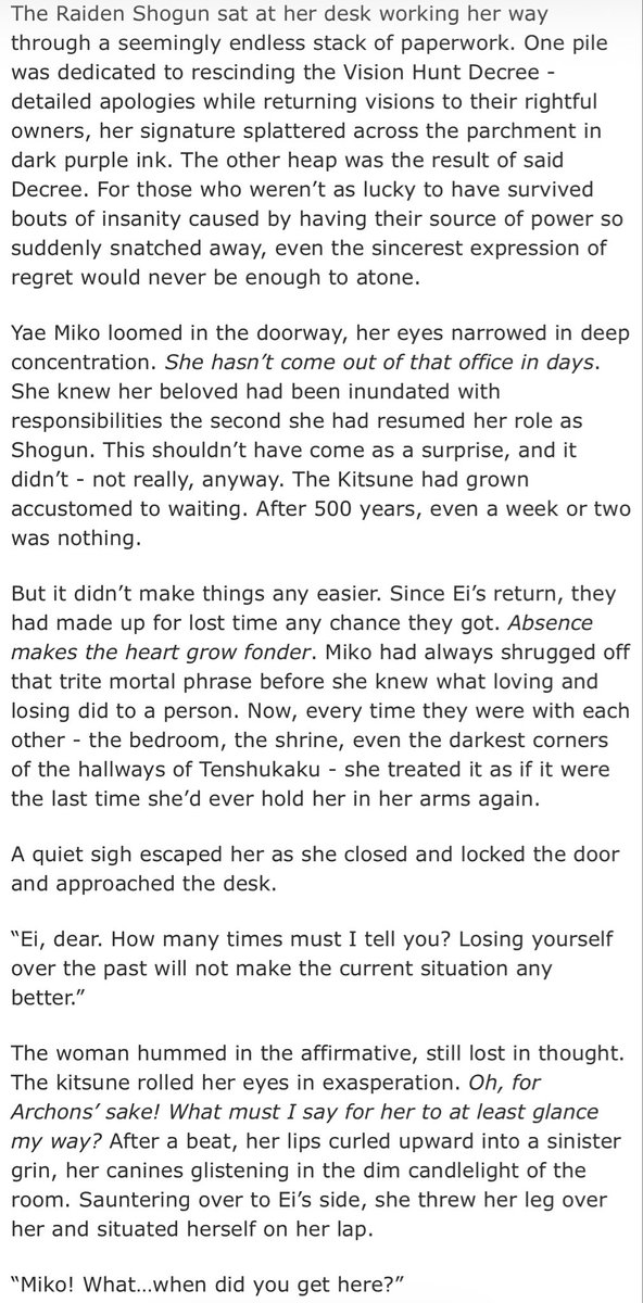 When the Shogun is trying to get work done, who better to interrupt than the Guuji? 🦊 

archiveofourown.org/works/54967576…

#eimiko #genshinimpact