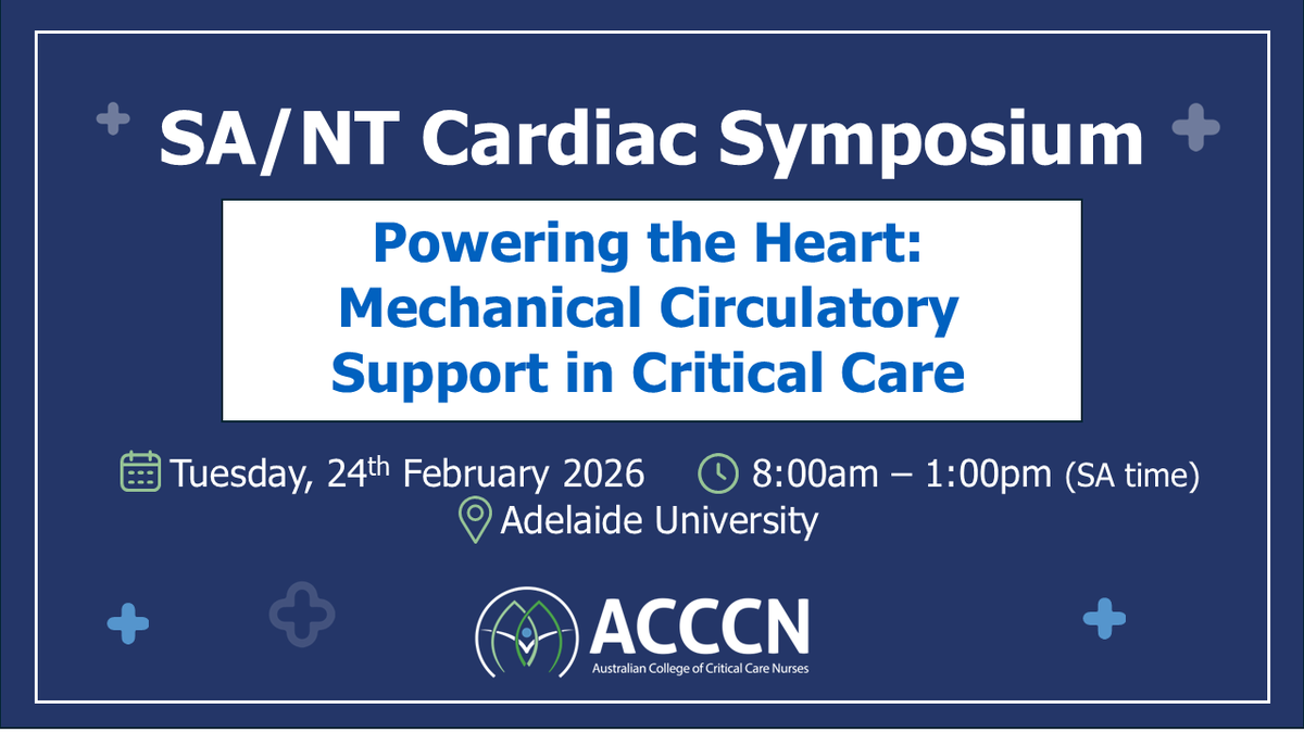 ACCCNAUST's tweet photo. Last chance to register!

Join the Cardiac Symposium on 24 February 2026 in Adelaide to explore ECMO, IMPELLA, balloon pumps, pacing and more in cardiac critical care.

Register now: https://t.co/64NXXut8xq

#ACCCN #CardiacCare #CriticalCare #ICU https://t.co/rGiHyTSjAC