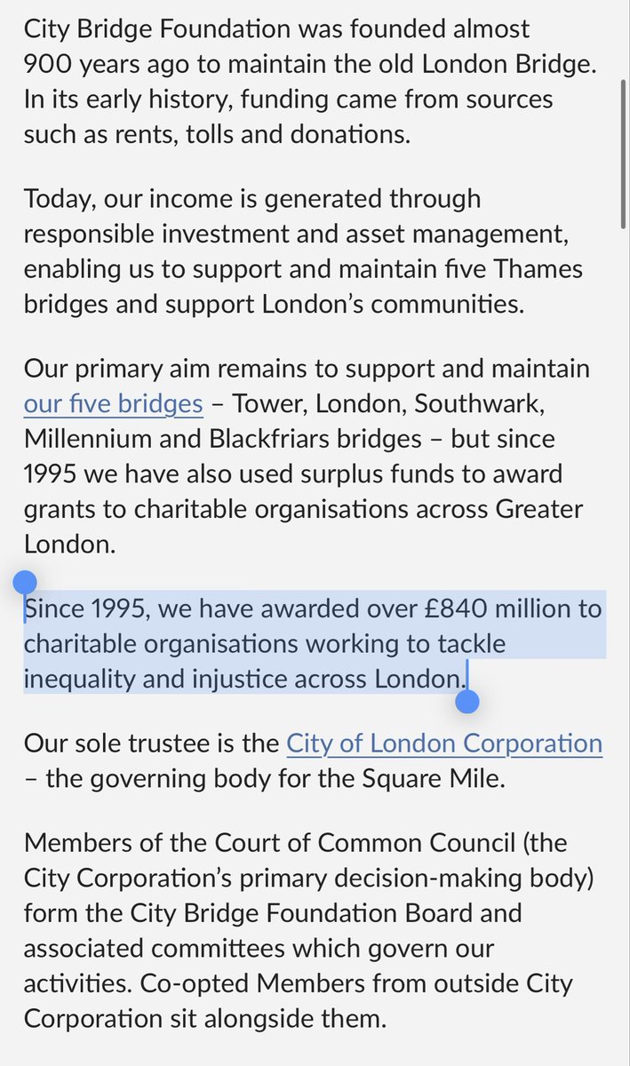 One of London’s bridges has been closed to traffic for 7 years due to structural faults, and a public body responsible for maintaining bridges has donated nearly a billion over 30 years to charities tackling “inequality and injustice”.