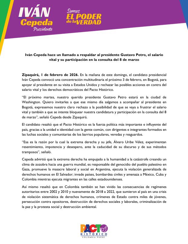 IvanCepedaCast's tweet photo. Iván Cepeda convoca concentración multitudinaria el próximo 3 de febrero, en Bogotá, para apoyar al presidente Gustavo Petro en su visita a Estados Unidos, el salario vital y su participación en la consulta del 8 de marzo https://t.co/nhvwDmzckh