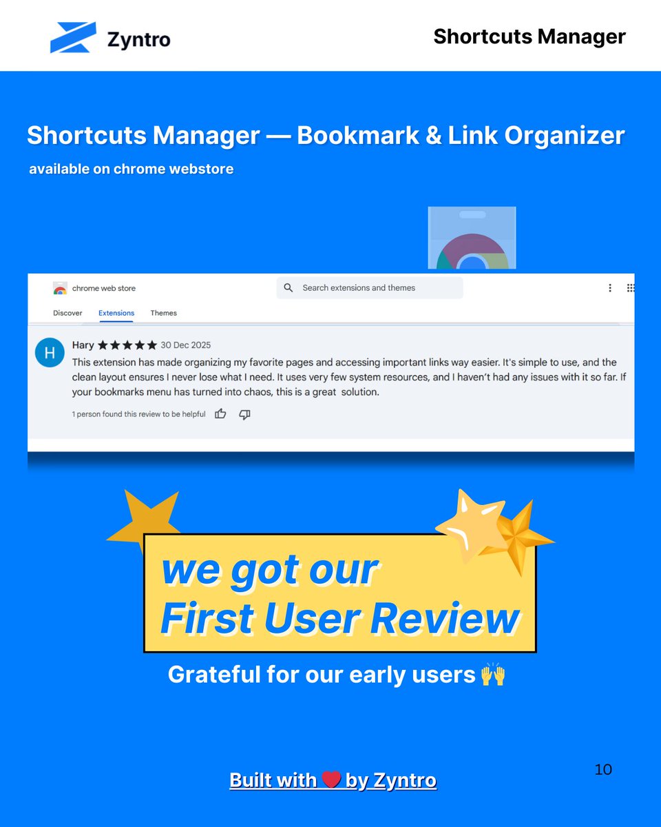 ZyntroOfficial's tweet photo. Small win, big motivation 🙌

We just received our first user review for Shortcut Manager by Zyntro and it honestly means a lot.
Building in public, listening to feedback, and improving every day. This is just the beginning 🚀

Thank you everyone for your support💙 https://t.co/8gDJlhBPds