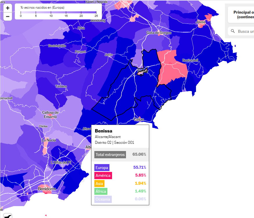 En EL PAIS han sacado un mapa con el porcentaje de extranjeros. En zonas de Alicante hay pueblos con un 60- 70% de inmigrantes, europeos (ingleses, franceses, alemanes, belgas). El castellano y el valenciano están desapareciendo frente al inglés

elpais.com/espana/2026-01…