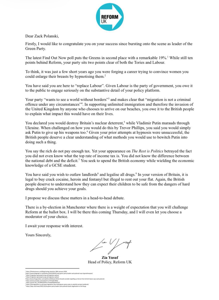 🚨 I have challenged Zack Polanski to a LIVE head to head debate in Manchester on Thursday.

Read my open letter to Zack👇