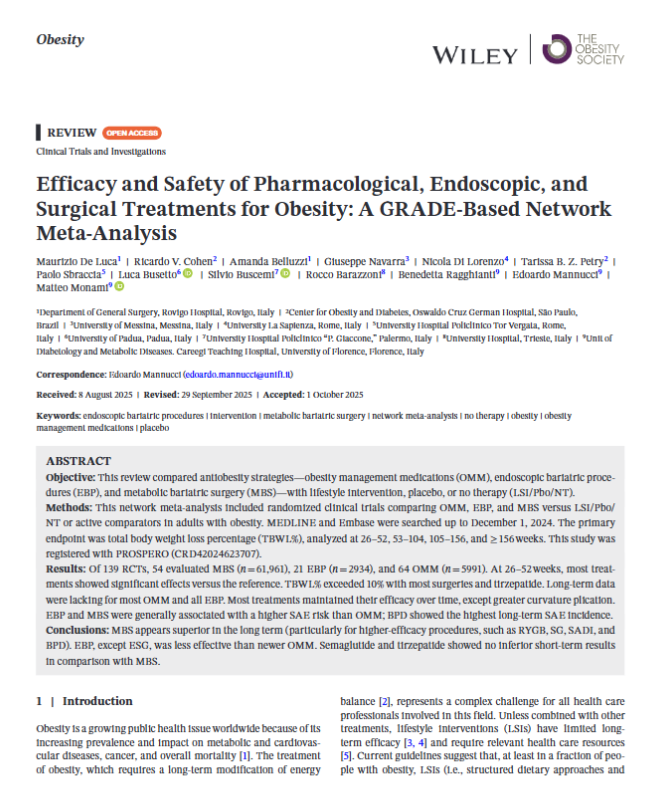 scottisaacsmd's tweet photo. Meta-analysis finds that metabolic bariatric surgery delivers the largest and most durable weight loss, but semaglutide and tirzepatide rival surgery short term with far fewer serious adverse events.
https://t.co/Jr780MQOfH https://t.co/Dl5QTQyJEu