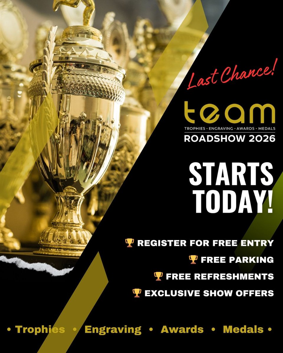 ✨STARTS TODAY! ✨Last chance to secure your place? 🏆 TEAM Roadshow 2026. Designed for businesses working in #trophies, #engraving, #awards and #medals Free entry if you Register now: teamroadshows.com/registration #teamroadshow #print #personalisation #lasercutting