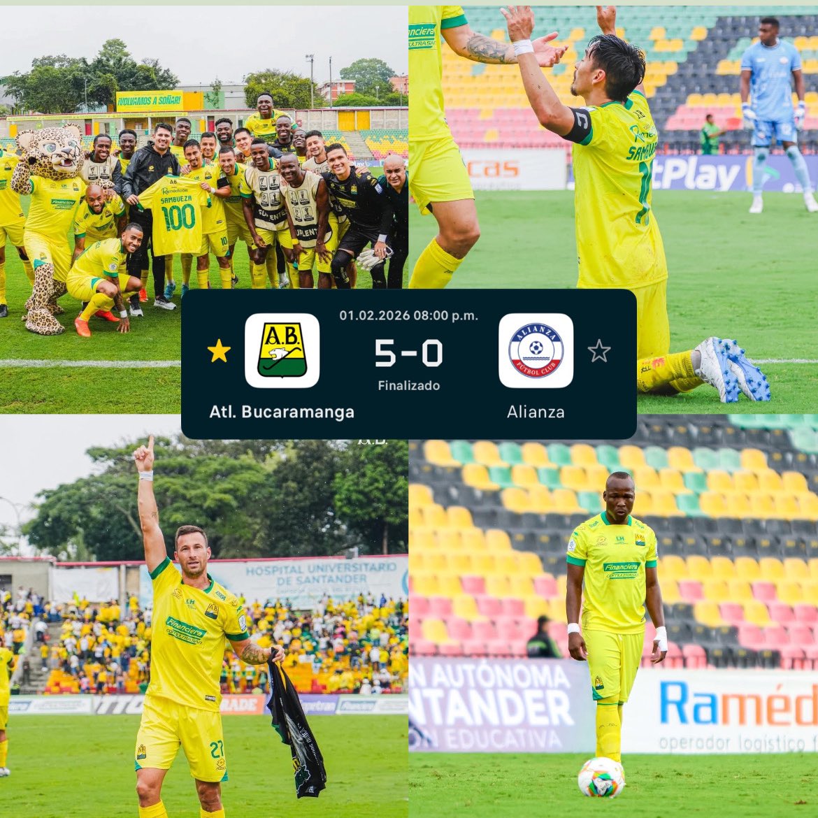 Goleo Gusto y Ganó el #AtleticoBucaramanga 

El #Leopardo ganó en el Américo y arrasó contra <a href="/alianzafc/">Alianza, F.C.</a>.official en un partido que terminó con goleada, con goles de Fabian Sambueza, Juan Mosquera, Luciano Pons, Emerson Batalla y Kevin Londoño.