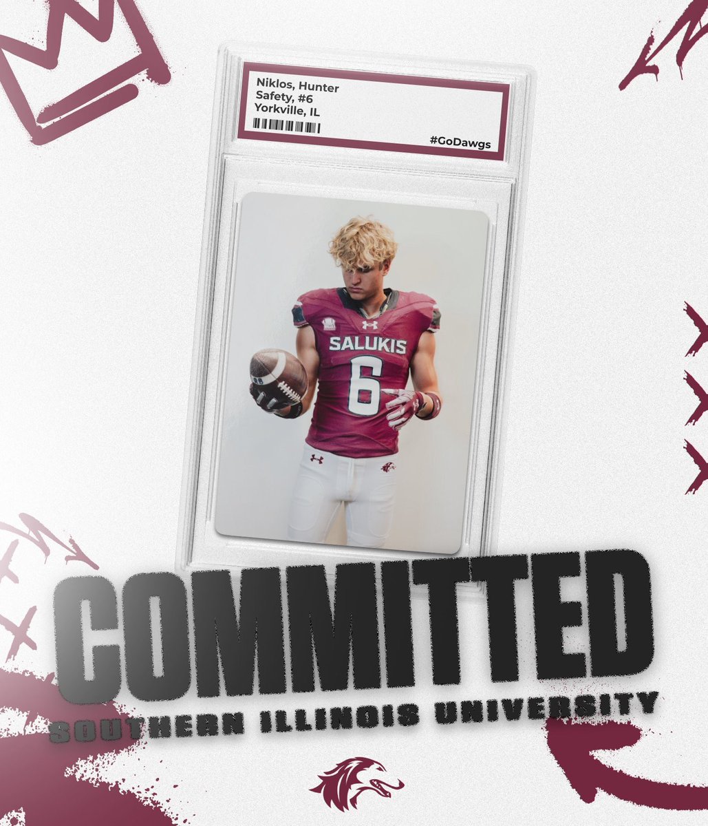 hunterniklos's tweet image. After a great official visit, I am honored to be offered by @SIU_Football!

With that said, I am 𝟏𝟎𝟎% 𝐂𝐎𝐌𝐌𝐈𝐓𝐓𝐄𝐃

Can’t wait to be a Saluki! #GoDawgs 🐾

@17NickHill | @CoachPron14 | @Coach_DClark | @CoachGrant_12