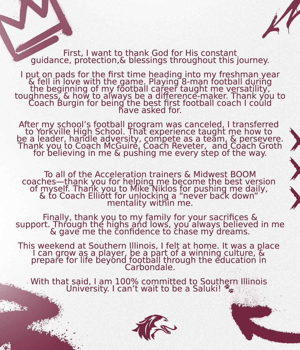 hunterniklos's tweet image. After a great official visit, I am honored to be offered by @SIU_Football!

With that said, I am 𝟏𝟎𝟎% 𝐂𝐎𝐌𝐌𝐈𝐓𝐓𝐄𝐃

Can’t wait to be a Saluki! #GoDawgs 🐾

@17NickHill | @CoachPron14 | @Coach_DClark | @CoachGrant_12