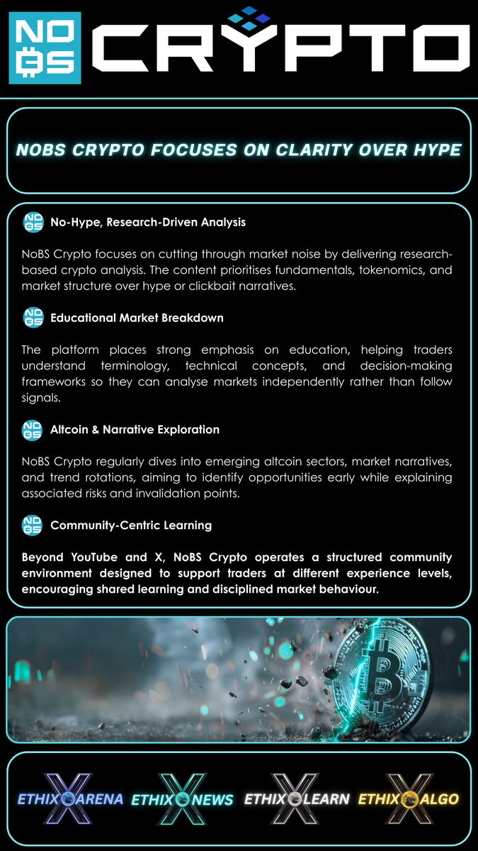 EthixArena's tweet photo. #NoBSCrypto Crypto focuses on clarity over hype.
Research-driven insights, educational breakdowns, and market context, helping traders understand the process, not just the outcome.
In crypto, knowledge is leverage.
@noBScrypto https://t.co/jnJPPI0Fx9