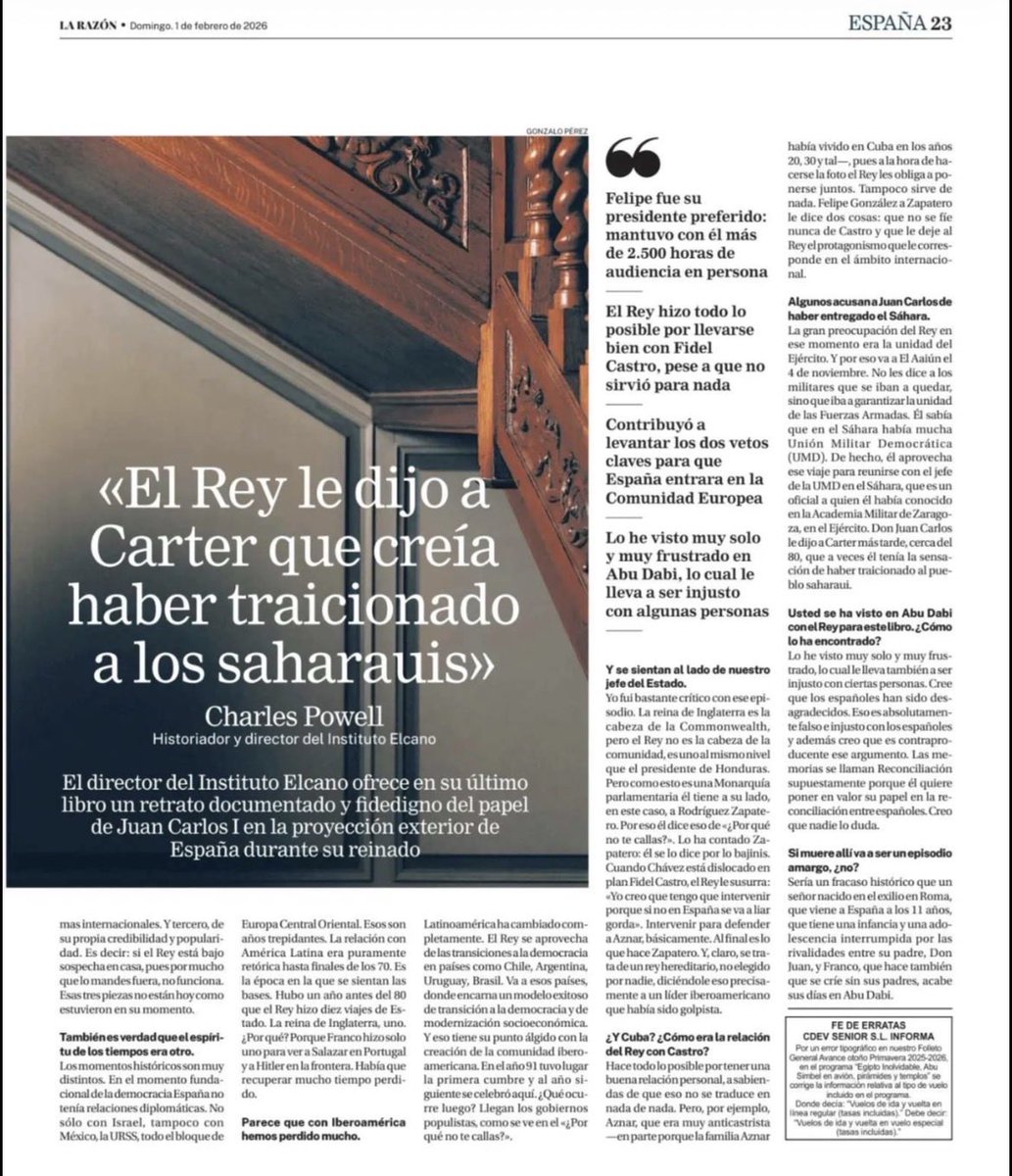 En su libro sobre el Rey Juan Carlos y las relaciones exteriores de #España, Charles Powell, director del Instituto Elcano, explica a un asesor de Thatcher por qué no quería a Gibraltar en 1983 y qué consecuencias tenía para #Ceuta y #Melilla: una llamada inmediata de Hassan II.