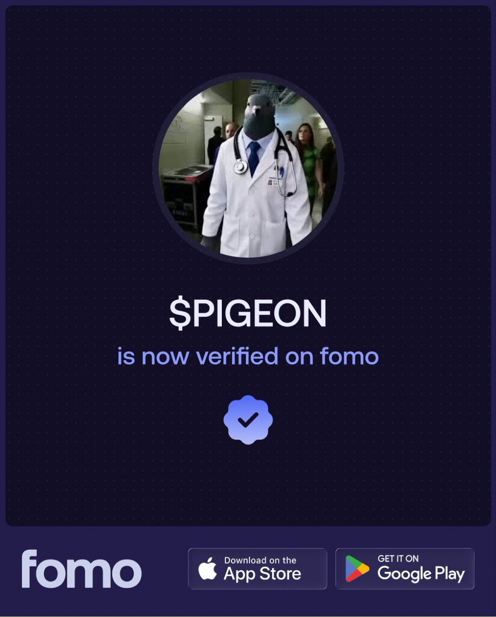 lurkylearning's tweet image. 🚨 Reminder 🚨

$PIGEON is verified on @tryfomo 

Download  fomo and use code PIGEON10 to save 10% on trading fees. 

Trade with me on fomo and get 10% off fees!

fomo.family/r/PIGEON10
