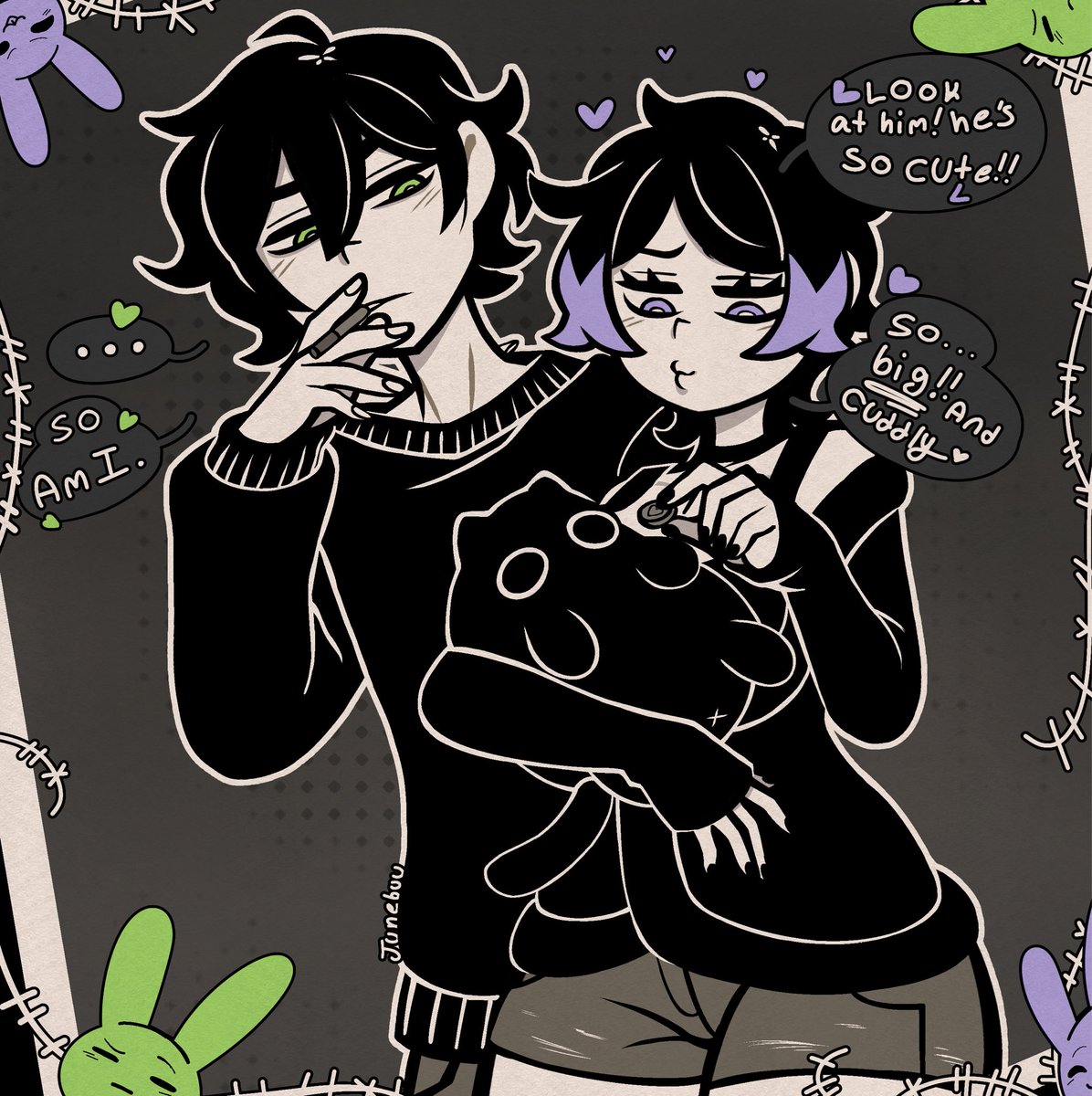 Jealousy is green :>

A doodle of a Mars and Andy with the tiny void they found in the trash ;0; 

It’s the child they wanted but the child they love :>
💚💜
#tcoaal #tcoaaloc #tcoaalfanart #thecoffinofandyandleyleyfanart #thecoffinofandyandleyley