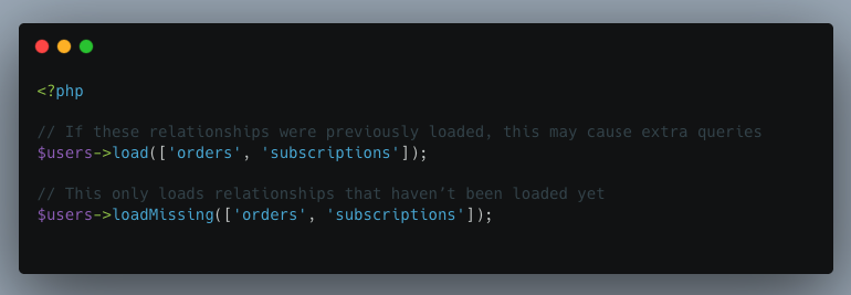 MikelAlilaj's tweet photo. Laravel Tip: Avoid Duplicate Queries π‘
Using load() can trigger duplicate queries if relationships are already loaded.
This can be avoided with loadMissing(), which only loads whatβs missing
#Laravel #LaravelTips #LaravelDev #PHP #PHPDev #WebDevelopment #Backend https://t.co/mhc03d8qUf