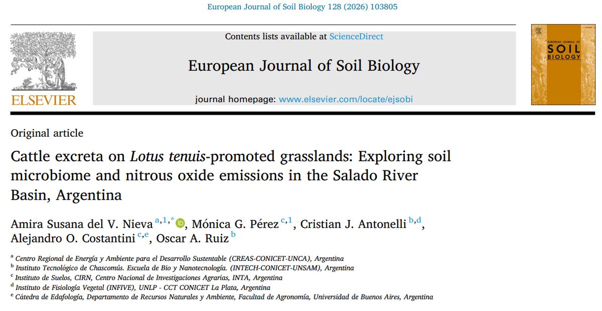 Un estudio recién publicado sobre excreciones del ganado, efectos en los grupos de biomarcadores y la relación de las emisiones de N2O con el sistema de pastoreo y cobertura del suelo. doi.org/10.1016/j.ejso…
<a href="/INTARNaturales/">INTA Centro de Investigación de Recursos Naturales</a> <a href="/IntechChascomus/">INTECH Chascomús</a> <a href="/intaargentina/">INTA</a> <a href="/AgronomiaUBA/">FAUBA</a>