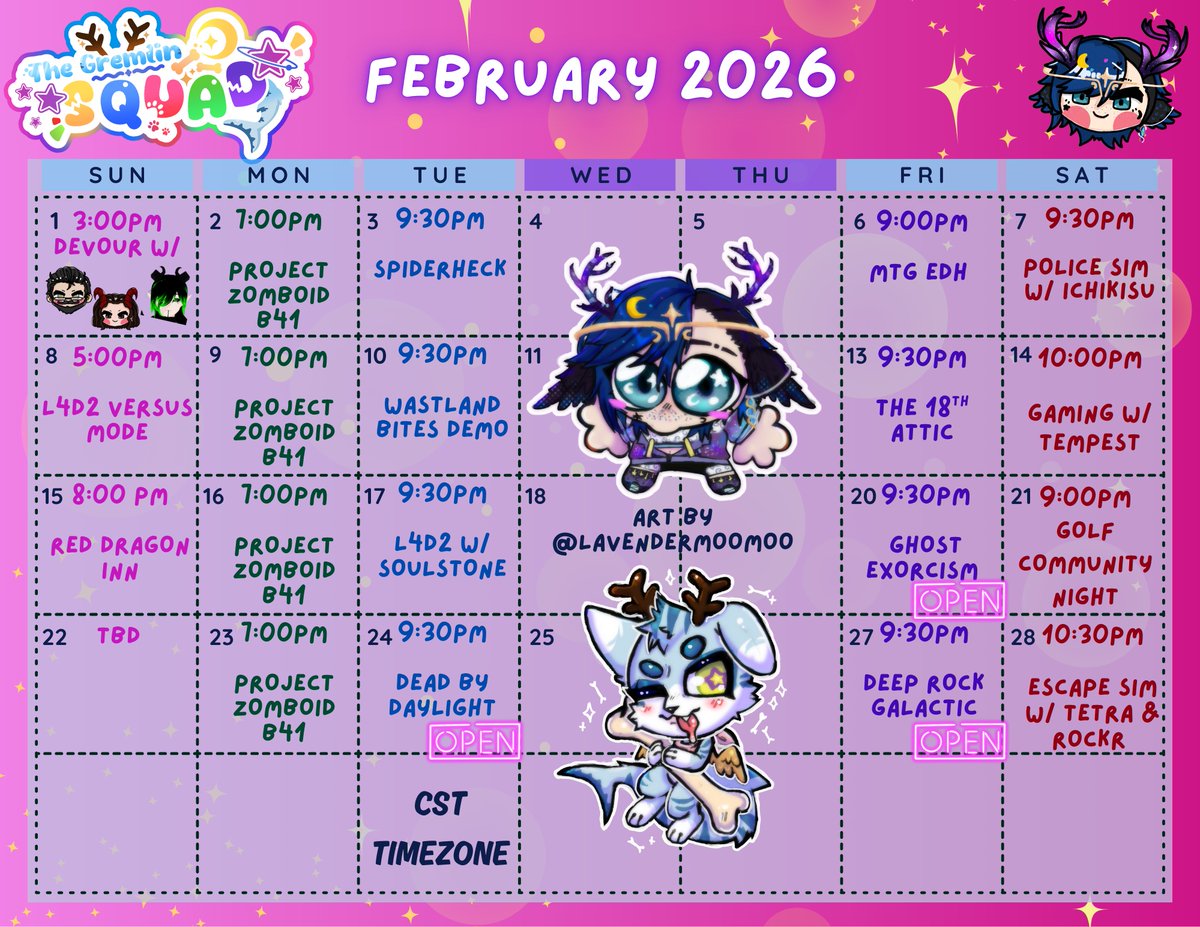 I know I was slacking in January, but we're back with a schedule this month! See you guys in a few minutes for the first stream of the month! 💕✨