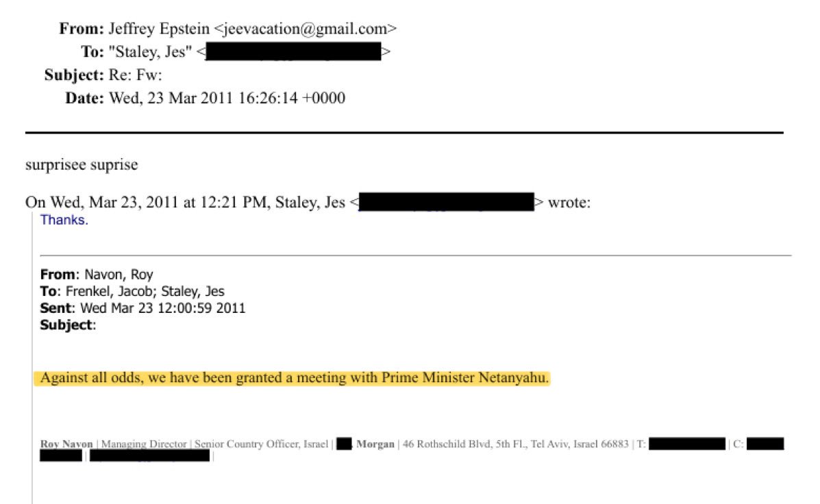 NEW: Newly released Epstein documents reveal alleged connection between Jeffrey Epstein and Israeli PM Benjamin Netanyahu involving Epstein assisting in securing meetings with Netanyahu.