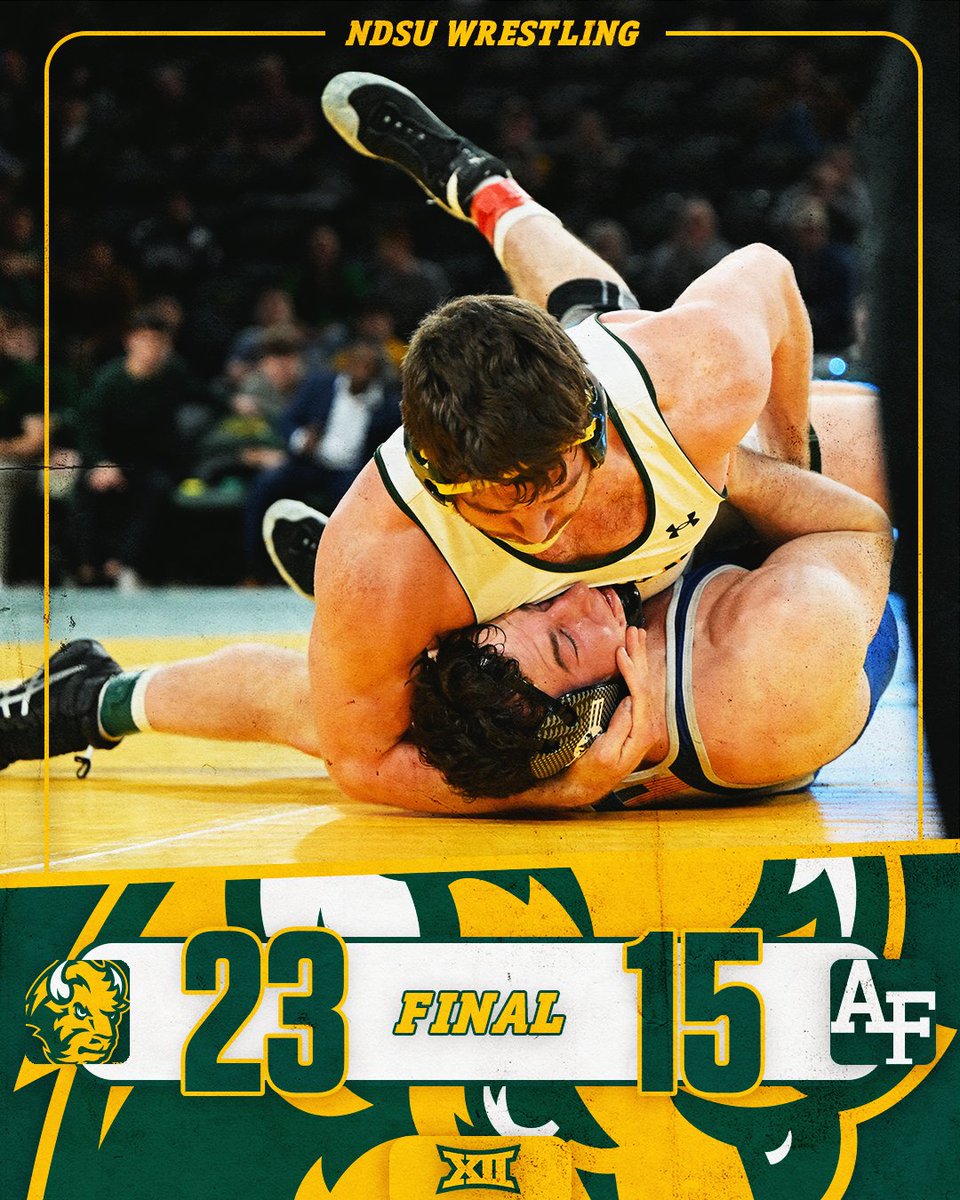NDSUwrestling's tweet image. Bison wrap up the home schedule with a win! 🤘