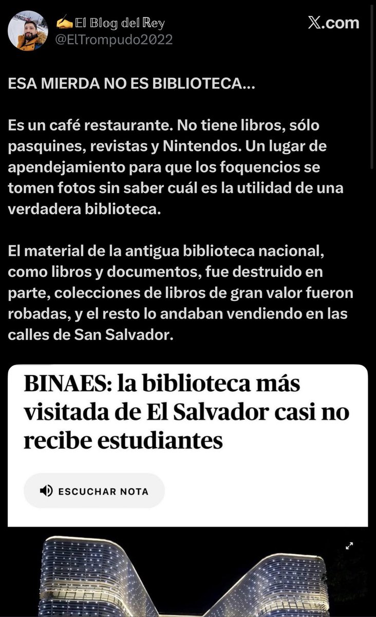 respoz's tweet image. Existen idiotas como este @ElTrompudo2022 que desinforman y mienten descaradamente.
Viajo cada 3 meses desde hace 4 años a ESA. Mi vista recurrente es la BINAE.

Libros??? MUCHOS!!!
Cultura!?? DEMASIADA
Juegos para niños???…Por qué no???

Los chicos van y leen por qué quieren