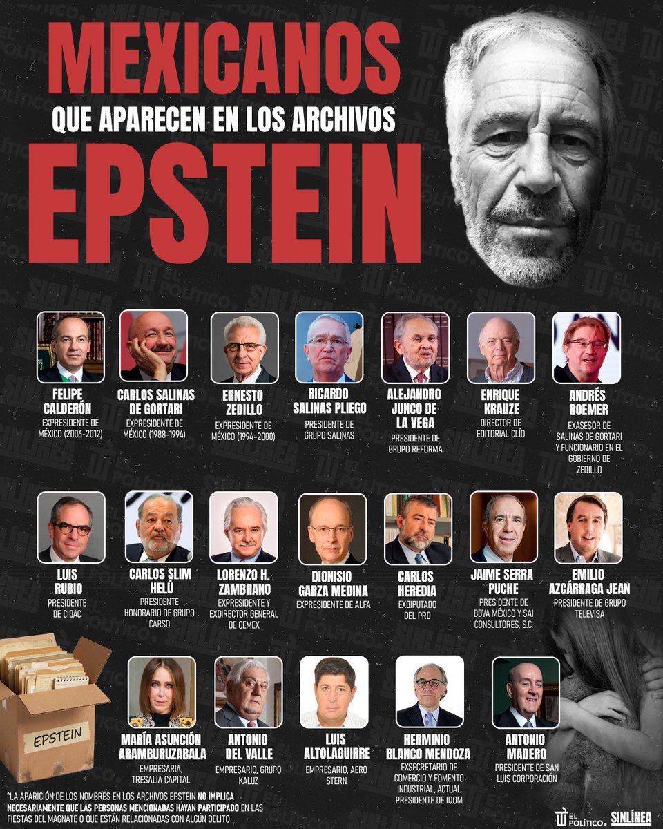 Puras fichitas 👎🏻

🔴 Desde #FelipeCalderón (<a href="/FelipeCalderon/">Felipe Calderón 🇲🇽🇺🇦</a>) hasta #SalinasPliego (<a href="/RicardoBSalinas/">Don Ricardo Salinas Pliego</a>), ellos son los mexicanos "embarrados" en los archivos #Epstein 📂👇🏻👀