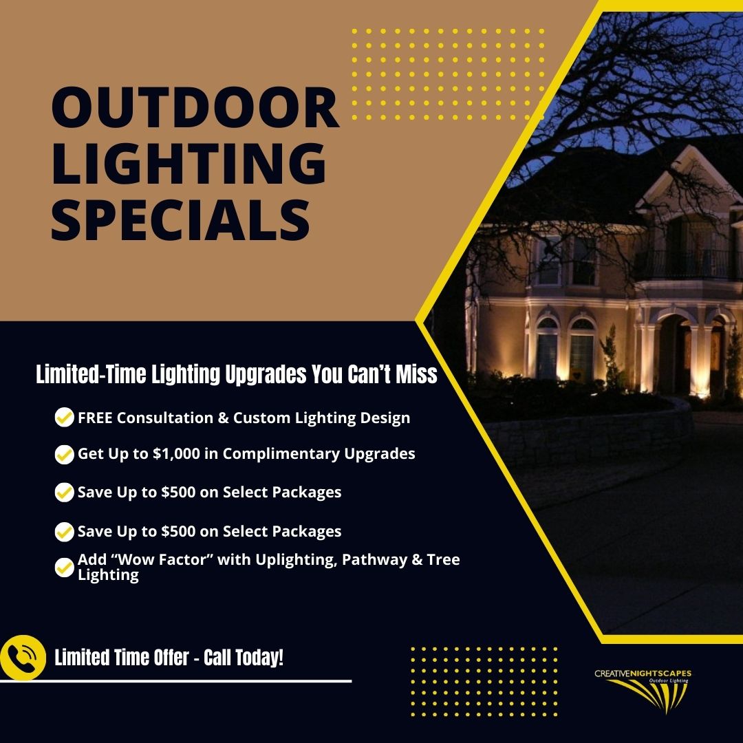 Boost your home's night-time curb appeal!  Save up to $500 or get $1,000 in complimentary upgrades with our lighting packages. Limited time only—call today!
🔗 CreativeNightscapes.com

#OutdoorLighting #LandscapeDesign #HomeImprovement #LightingDeals #DFWHomes
