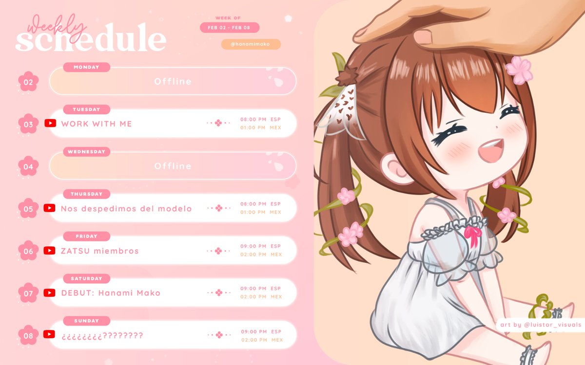 MakoHanami's tweet photo. 🌸☆ HORARIO SEMANAL ☆🌱
♡ Soy Hanami Mako, Vtuber y V-idol!
TAGS
Live: #HanamiMako
Arte: #MakoHArt
Memes: #HaHanami
🔴 https://t.co/j6Aw1IzXIf
👑https://t.co/P0fqiq8nIF
☕https://t.co/4vcs3UoTvJ
🎮https://t.co/gtQq3GDn2U
❓https://t.co/8TqDsxwkyJ https://t.co/oiINwC1o8x