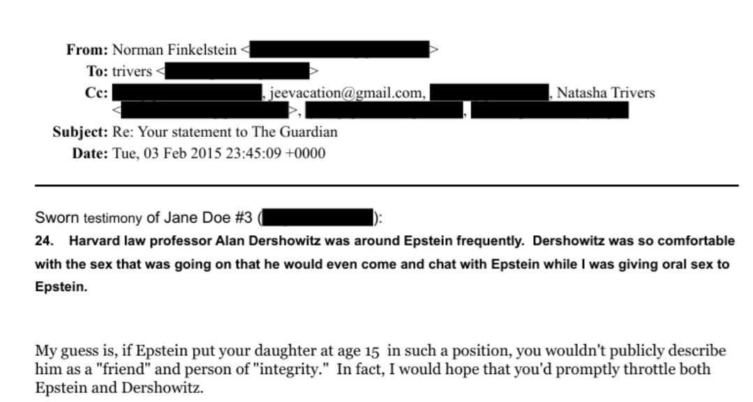 zei_squirrel's tweet image. Harvard professor Robert Trivers tried to get Jeffrey Epstein in touch with Norman Finkelstein. Instead of accepting, Norman sent a reply calling Alan Dershowitz a pedophile rapist and saying Trivers should be ashamed for defending them, and both should be strangled instead