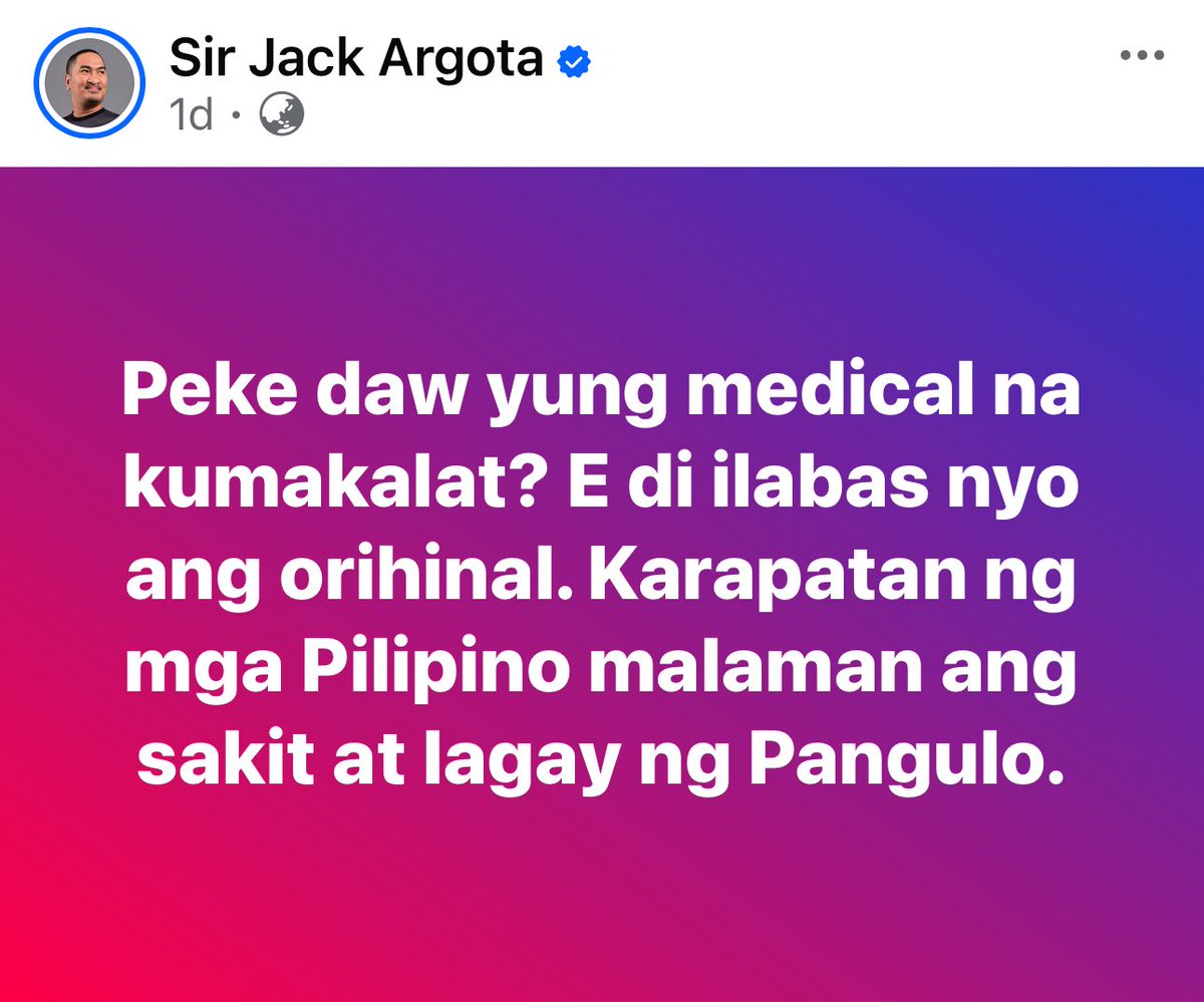 imtheatan's tweet photo. Classic baliktad-utak. 

A fake medical record was circulated, and your demand is that the President “prove” it’s fake by releasing private record? 

Beh, ikaw dapat mag-prove na authentic ang pinakalat mong document galing St. Luke’s! 

There is no constitutional or statutory requirement for a Philippine President to publish full medical records. 

The only requirement is that he is fit to serve, which he already is. 

Bumalik na nga sa trabaho eh.