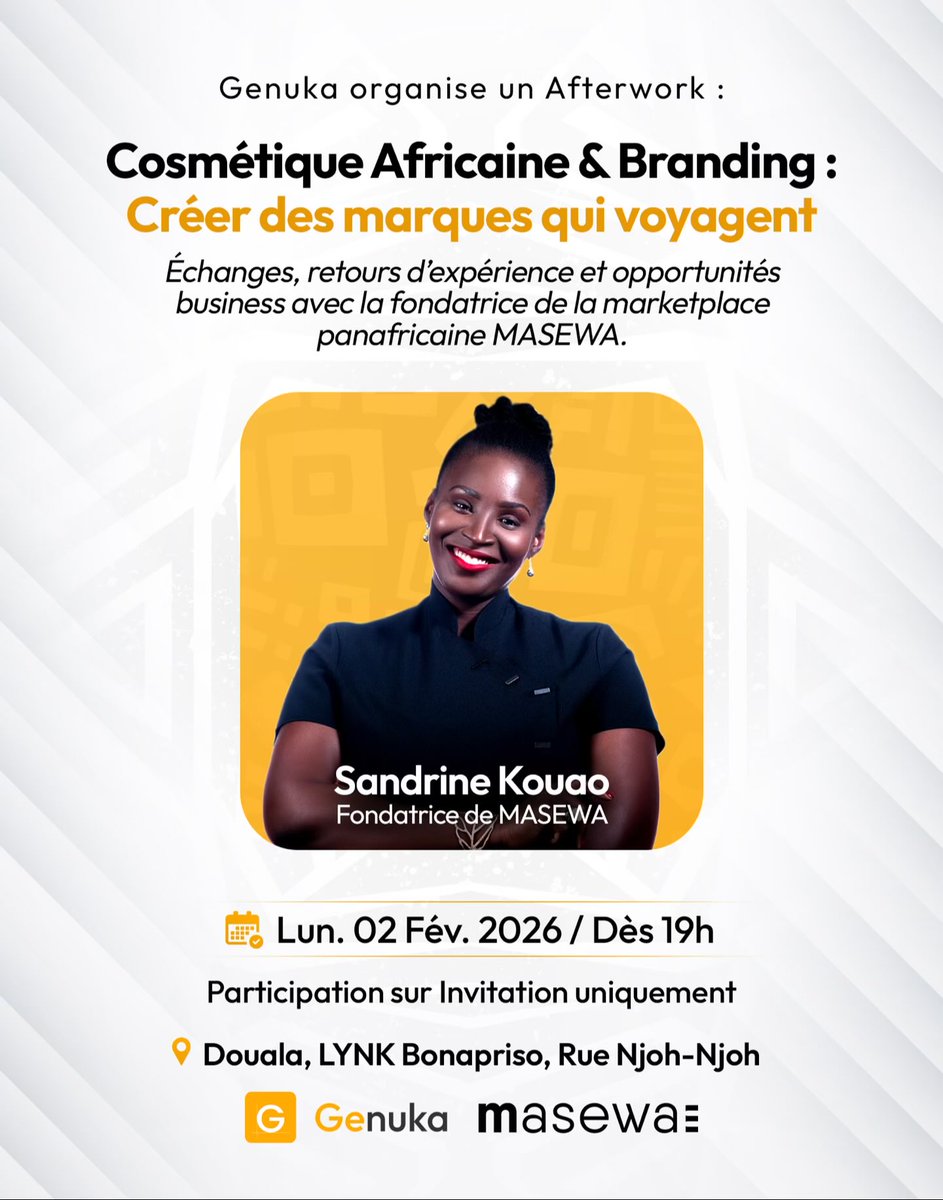 ✨ Afterwork Genuka | Cosmétique Africaine &amp; Branding ✨

Ce lundi 2 février , Genuka réunit une sélection de clientes et partenaires pour un afterwork networking exclusif autour du thème:
🌍 Créer des marques africaines qui voyagent.

Nous aurons l’honneur d’échanger avec Mme