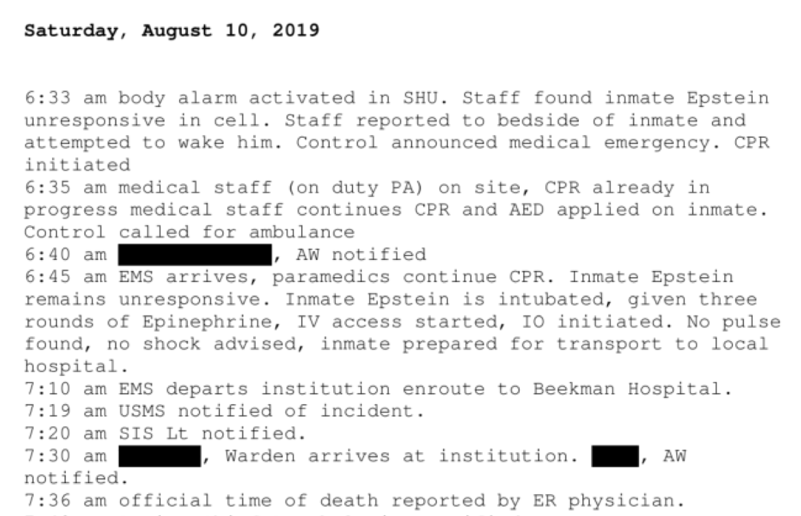 TrumpFile's tweet image. 🚨The prison’s initial and updated timelines of Epstein’s death don’t mention sheets or hanging. For a guy that supposedly died of suffocation long before he was found, the medical response doesn’t line up, either.

Left: 8/10/19 timeline
Right: 8/12/19 updated timeline