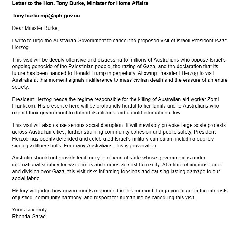 RhondaGarad's tweet photo. Let @Tony_Burke know how disgusted we are about Herzog's visit. My letter to him. https://t.co/q2lMpCM3Jt