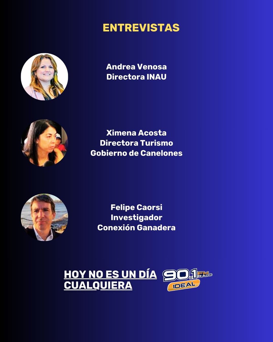🔴Mañana!
#hoynoesundiacualquiera
🕧18 horas
🎧 <a href="/901fmideal/">Fm Ideal 90.1</a>

Entrevistas:

<a href="/AndreaVenosa/">Andrea Venosa</a> 
Directora <a href="/inau_oficial/">INAU</a> 

Ximena Acosta
Directora Turismo
<a href="/IdCanelones/">Gobierno de Canelones</a> 

<a href="/felipecaorsi/">Felipe Caorsi</a> 
Investigador
Conexión Ganadera

Nos escuchas en:
la 90.1 Fm
o en: fmideal.com.uy
Te