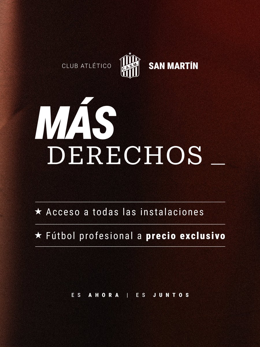 🔴⚪️ #PrimeraNacional

MISMA CUOTA, MISMOS DERECHOS 🇦🇹

En San Martín, el sentimiento nos une como familia, por eso decidimos unificar los derechos de todos nuestros socios.

A partir de ahora, con la Cuota Social Única de $18.000 podrás acceder a:

☑️ Todas las instalaciones del