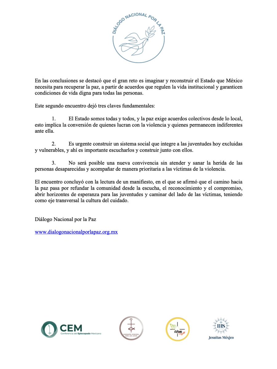 🔴Más de 1,200 líderes sociales, religiosos, académicos, empresariales y autoridades locales participaron del 30 de enero al 1 de febrero en el Diálogo Nacional por la Paz, con un objetivo central: reconstruir la paz desde lo local con visión nacional y compromisos verificables.