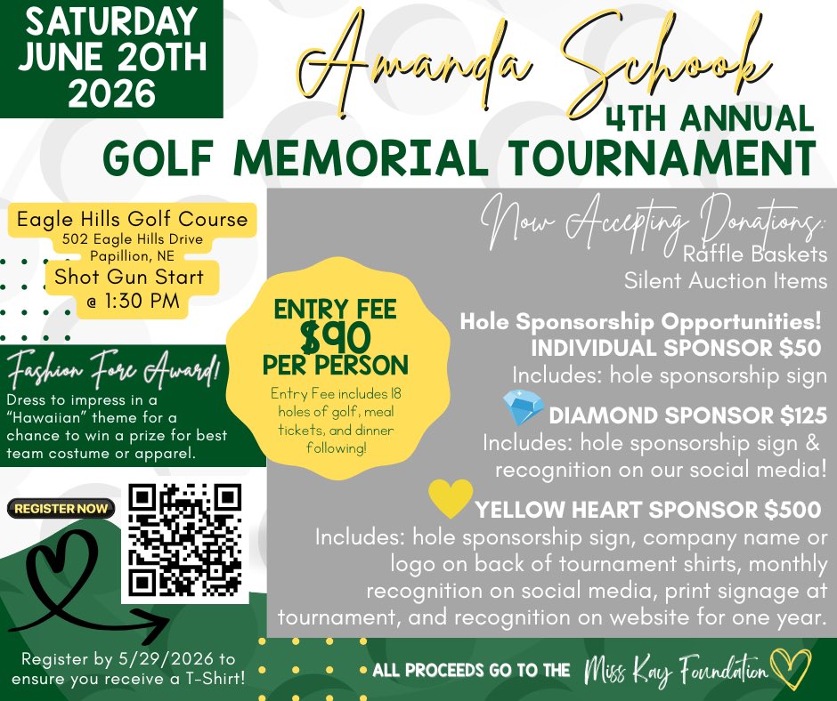 MissKFoundation's tweet photo. Registration for the 4th Annual Amanda Schook Golf Memorial Tournament is officially open! To register, scan the QR code on our flyer or click the link below! 💛⛳️ 🏌️‍♂️ 

https://t.co/jPdMgUKKty https://t.co/vCNNkH1X0r
