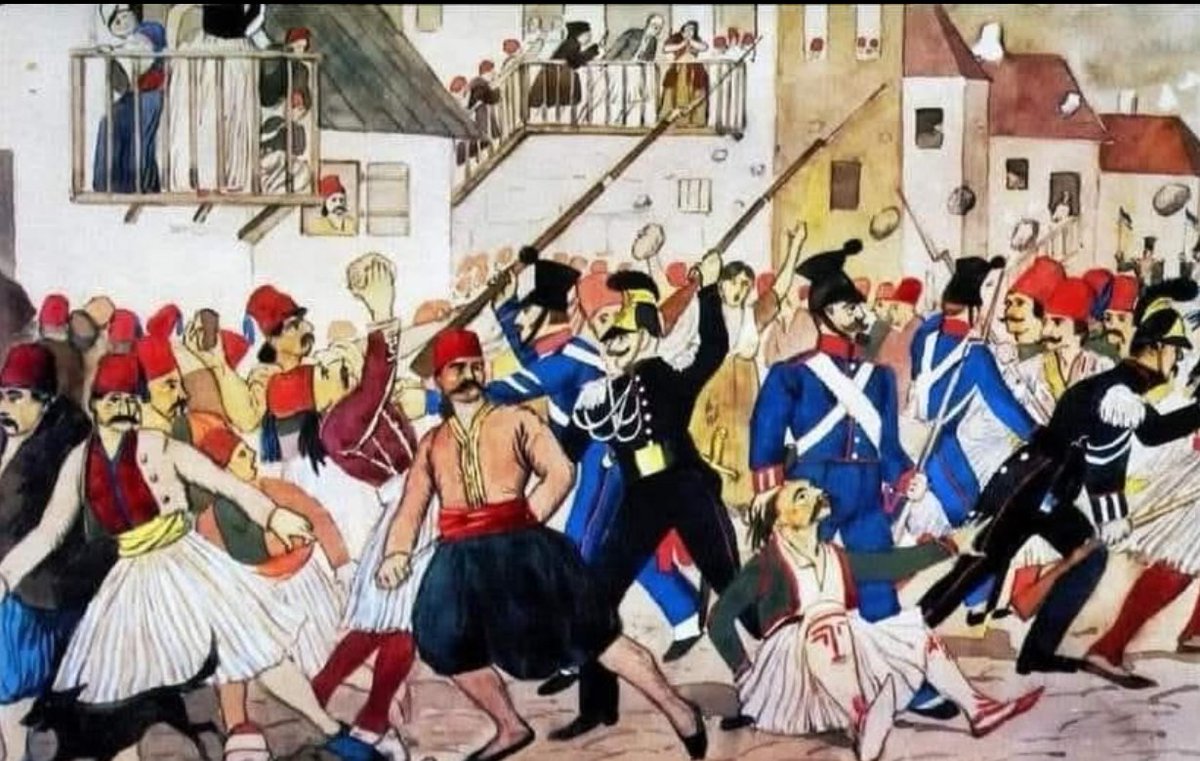This painting depicts the massacres carried out by the French army against the people of Argos on January 4 1833. Thousands of Arvanite🇦🇱men women &amp; kids were killed in the name of peace &amp; the creation of the Greek state. No 1 speaks about these massacres Demetrios K Vardouniotis