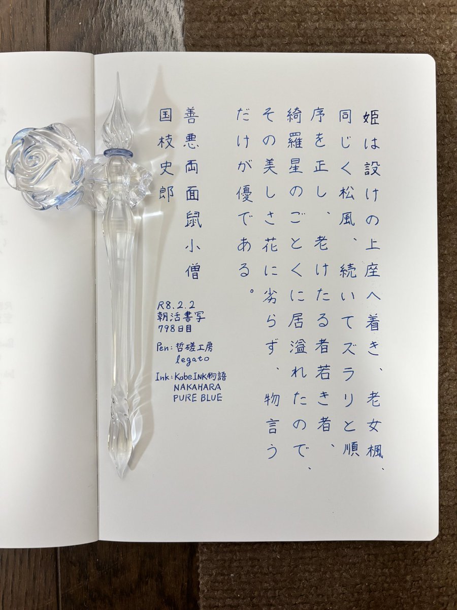 お題ありがとうございます。
もう2月！色んな予定が積み重なり、ここからは怒濤の勢いで時間が過ぎそうです🙈
#朝活書写 
#朝活書写_2306 
#ガラスペン 
ペン：哲磋工房 legato
インク：KobeINK物語 NAKAHARA PURE BLUE