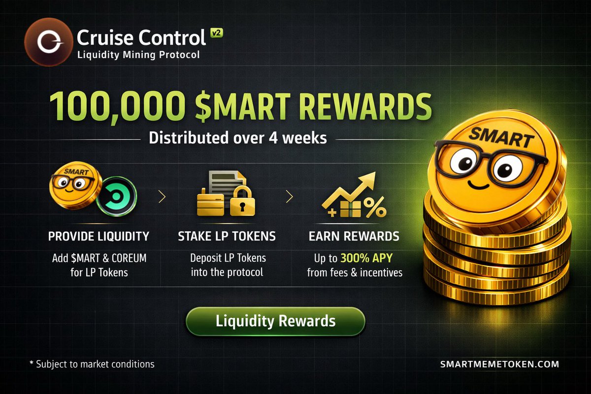 iamartikyoul8's tweet image. Just in : We’ve incentivized the $MART / $COREUM pool on @JoinCruiseCtrl with 100k $MART tokens. 

Step 1 : Provide liquidity 50/50 $MART &amp;amp; $COREUM (Turn on auto stake) 
Step 2 : Stake your LP tokens
Step 3 : Earn 2/3 of 3% swap fees + $MART rewards (100k over 4 weeks) 

Website…