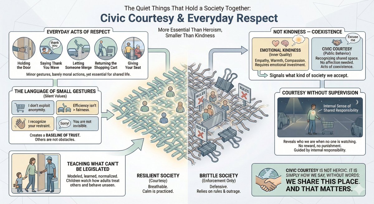 <a href="/ValaAfshar/">Vala Afshar</a> Returning the shopping cart. Letting someone merge. Saying thank you to a stranger.
Tiny acts. No emotion required. Civic courtesy isn’t kindness — it’s the infrastructure of living together.