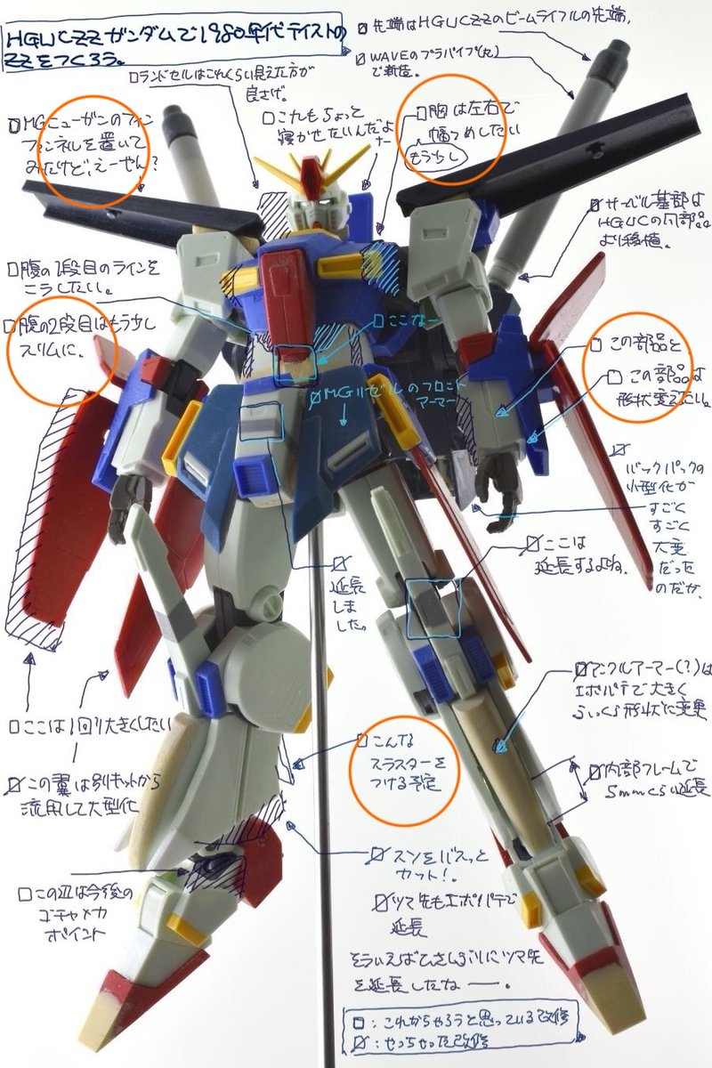 Matmat825's tweet image. 改造プランで進捗をチェック。オレンジ○のところが仕掛かり中。 #HGUCZZ_mat