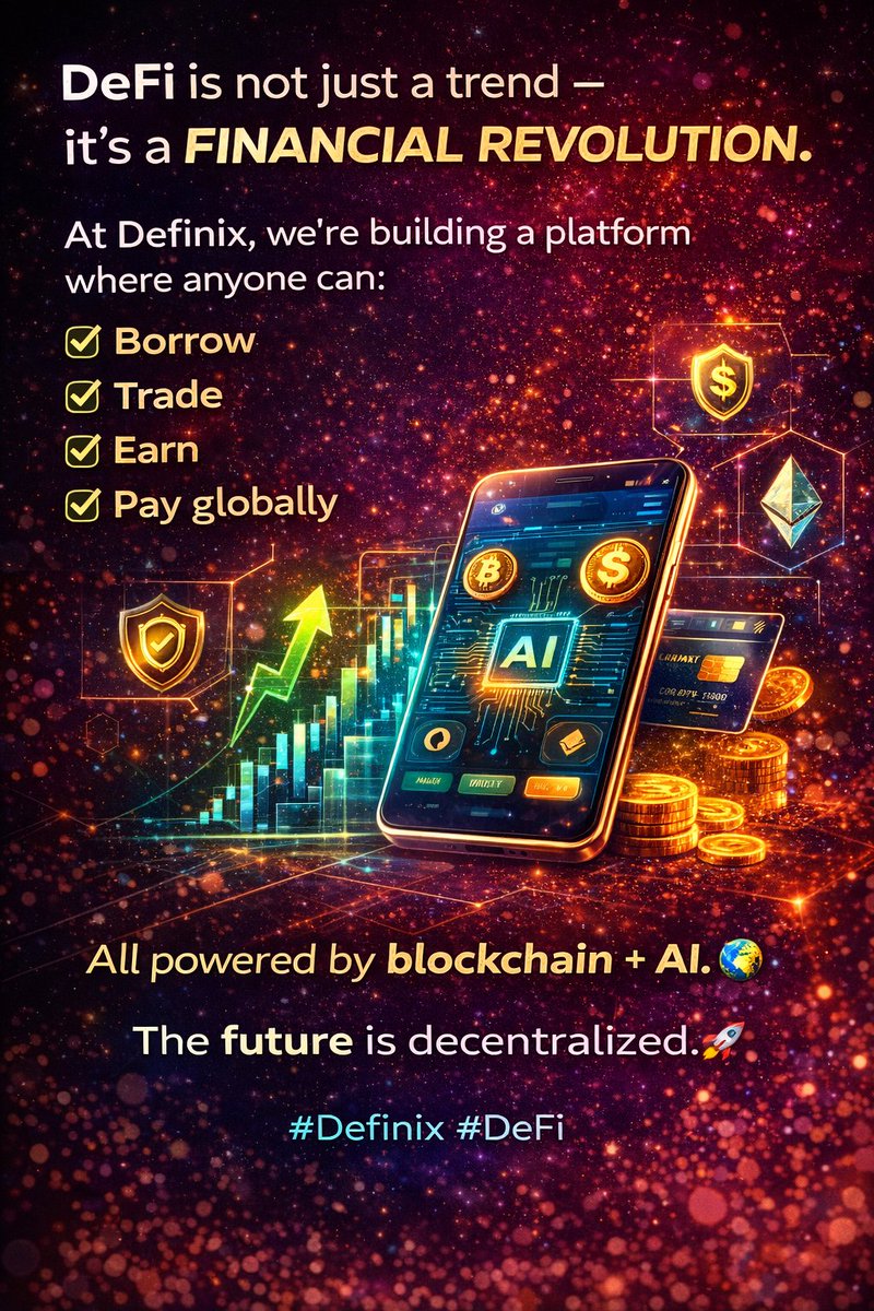 DefinixApp's tweet photo. DeFi is not just a trend - it’s a financial revolution.
At Definix, we’re building a platform where anyone can:
✅ Borrow
✅ Trade
✅ Earn
✅ Pay globally
All powered by blockchain + AI.
The future is decentralized. 🌍
#Definix #DeFi https://t.co/XRrxEiGvia