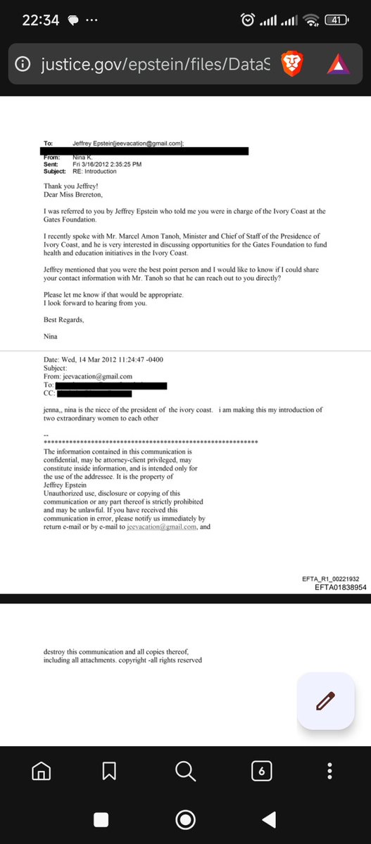 DM4STA's tweet image. Échange de mail entre Jeffrey Epstein, Nina Keita (Nièce d'Alassane Ouattara) et une certaine Jenna, concernant les possibilités pour la fondation Gates de financer la santé et l'éducation en Côte d'Ivoire.

Mars 2012