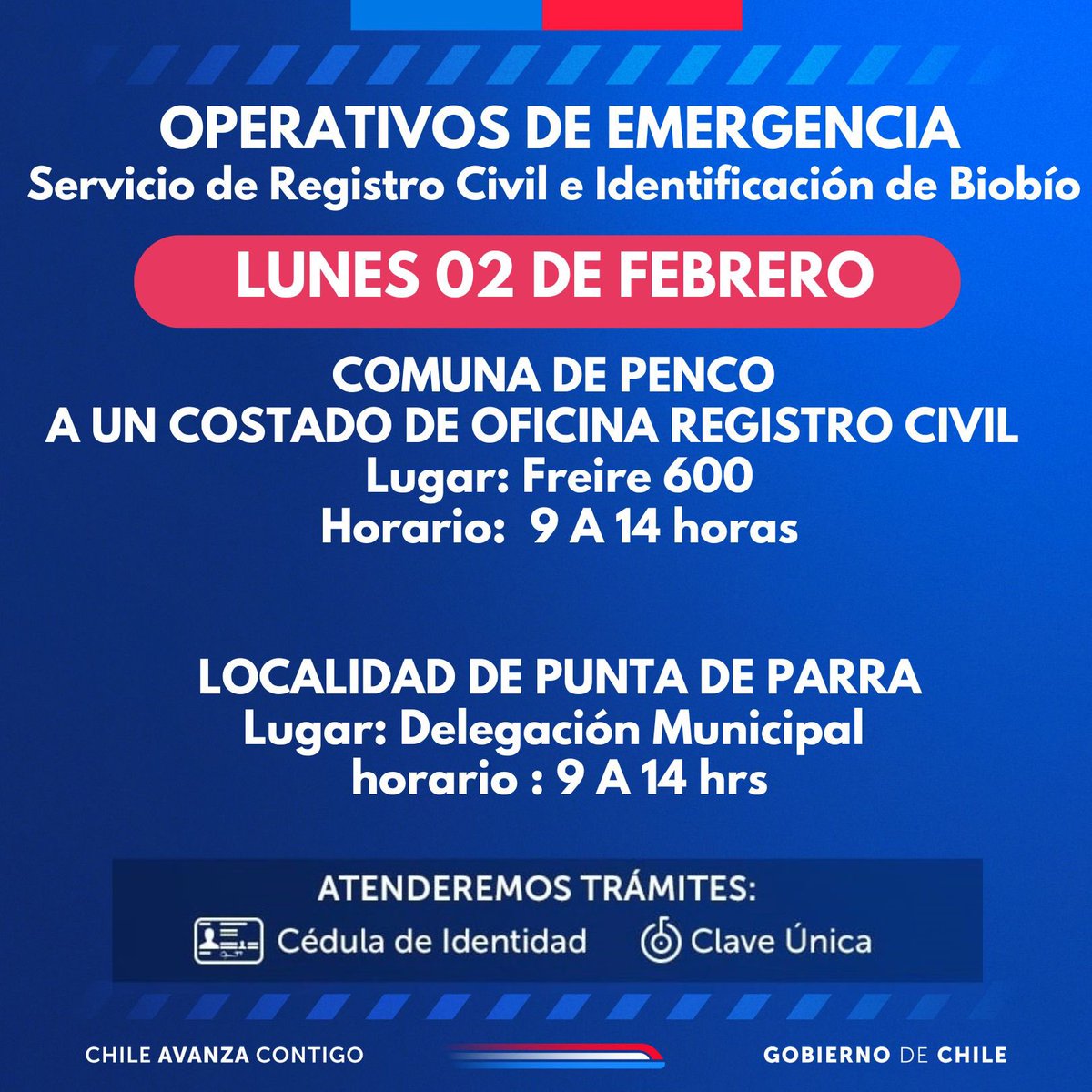 Este lunes 02 de febrero continuamos con los operativos de emergencia, habilitando dos puntos de atención para apoyar a la comunidad damnificada por los incendios.
Infórmate aquí ⬇️sobre los lugares y horarios: