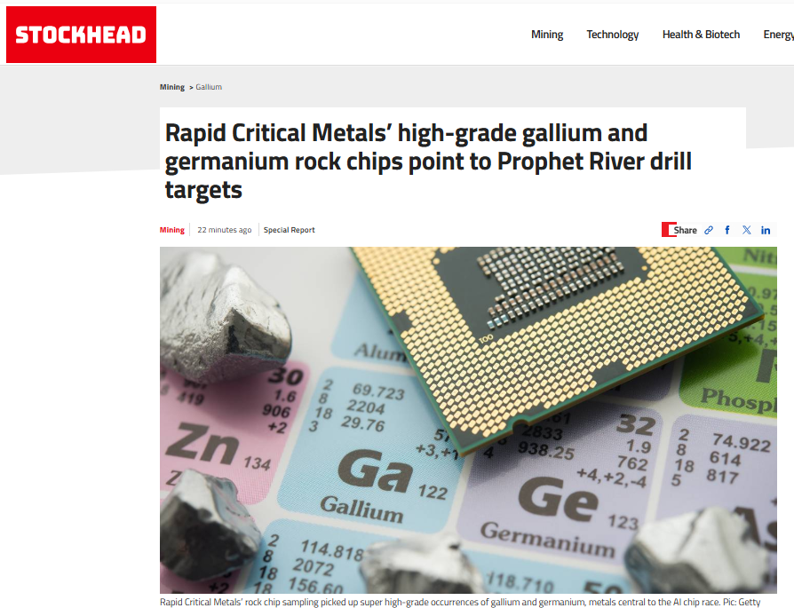Rapid Critical Metals (ASX: $RCM) has confirmed high-grade gallium and germanium rock-chip results at its Prophet River Project 🇨🇦, supporting priority drill targets within a prospective critical metals system.

Read the <a href="/StockheadAU/">Stockhead</a> article: loom.ly/kR1DMro