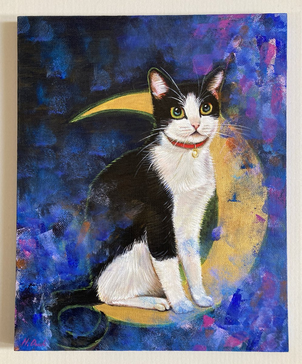 RT @gzlhiro: 三日月🌙と猫 962キャンバスボードF3 アクリル画