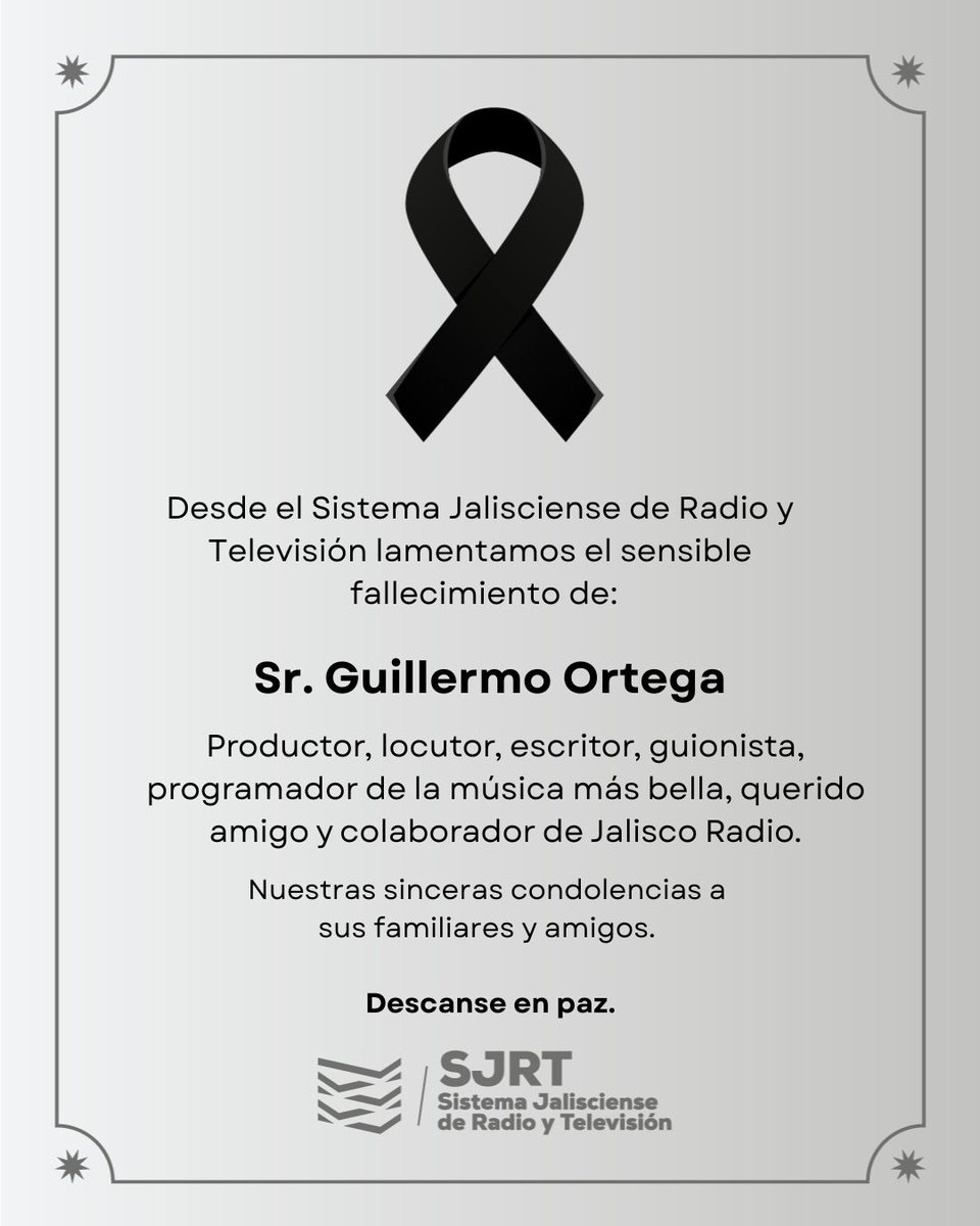 JaliscoRadio's tweet photo. En el SJRT lamentamos el fallecimiento de Guillermo Ortega, también conocido como Guillermo Abizaki (1951- 2026) , productor, locutor, escritor y querido colaborador de Jalisco Radio.

Gracias por tu legado, Memo. Tu voz permanecerá por siempre en nuestra memoria https://t.co/paEnBZtWgA