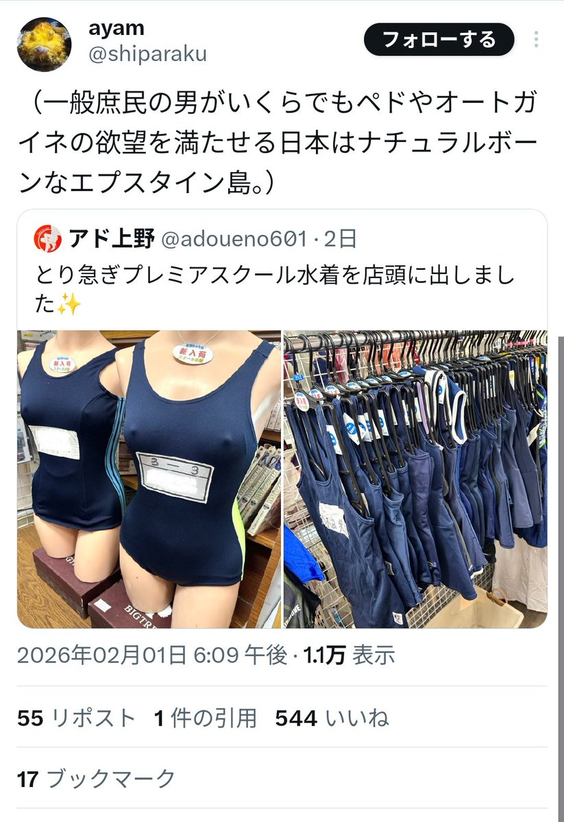 すでに日本のフェミニストが「日本はでっかいエプスタイン島」ということにしているようだし……まあ「ジャップが悪い」ってことにされて、西欧人の道徳シグナリングで萌え絵が叩かれて終わる未来が見える……