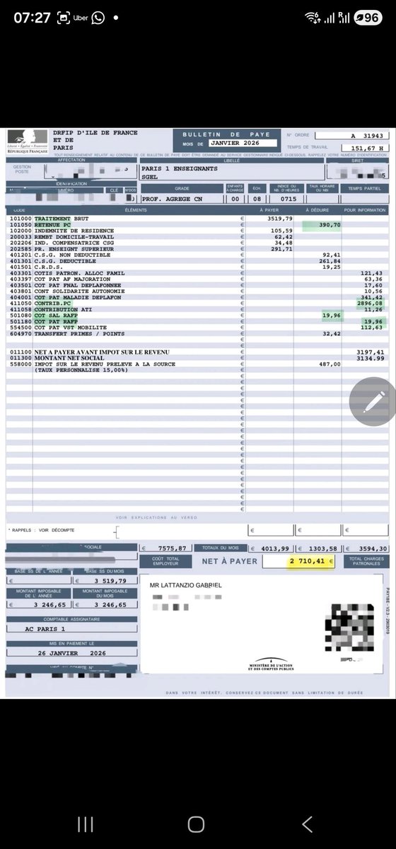 La feuille de paie d'un prof. 
7600€ de coût employeur pour 2700€ de net AVANT impôt sur le revenu. Notre pays est devenu complètement fou!