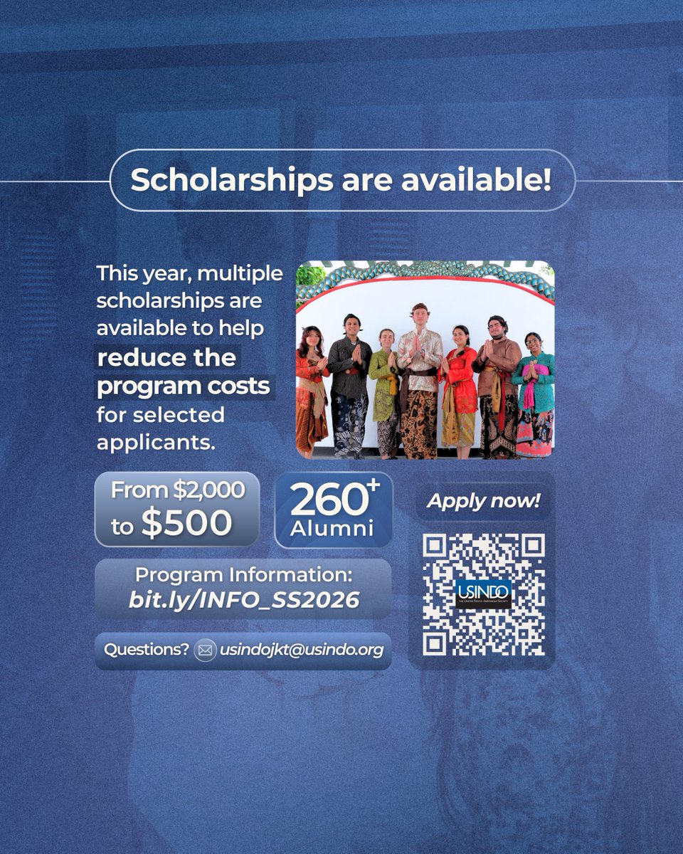 Thinking of spending your summer in Indonesia?

The 2026 Summer Studies Program offers multiple scholarships, and no Indonesian language background is required.

Apply by Feb 14, 2026: bit.ly/USINDO_SS2026
Info: bit.ly/INFO_SS2026

#USINDO #SummerStudies2026 #StudyAbroad
