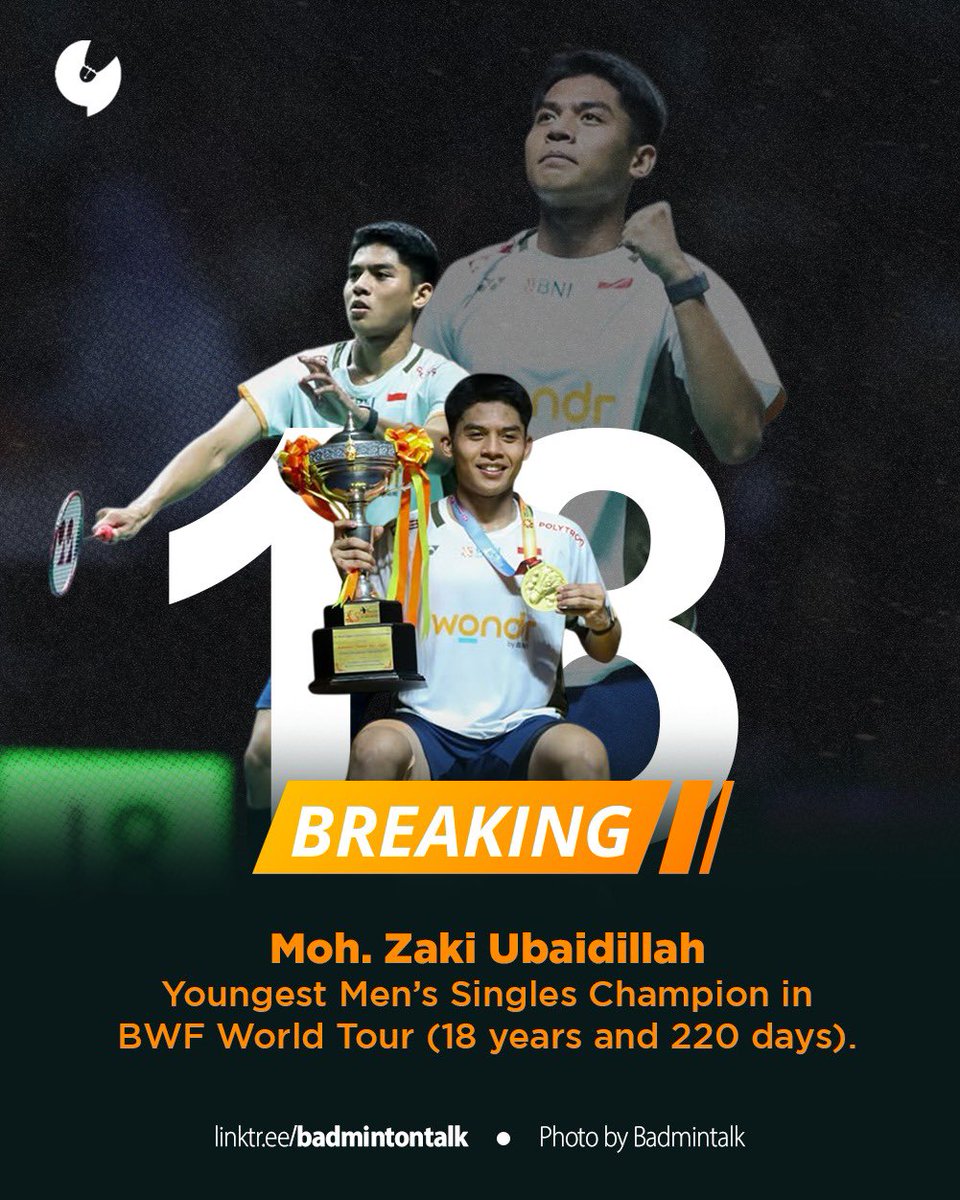 BREAKING

Moh. Zaki Ubaidillah

Youngest Men's Singles Champion in BWF World Tour (18 years and 220 days).